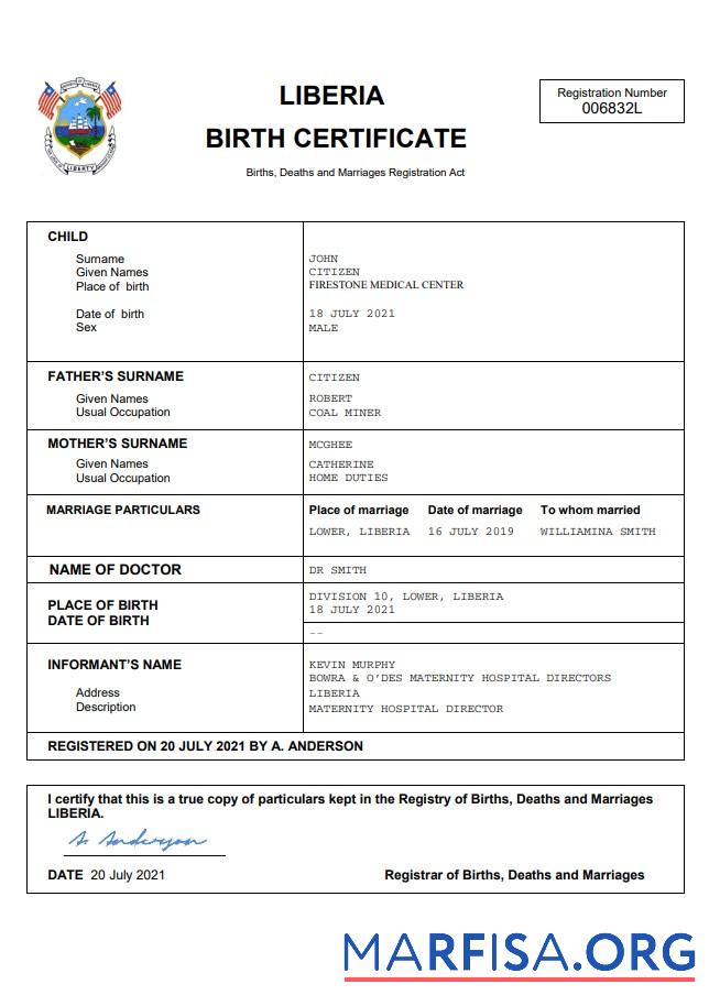 Printable Liberia vital record birth certificate Word and PDF template
